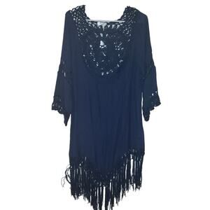 Boho Crochet Fringe Beach Cover-Up Dress M  Blue Vacation Resort Swimwear